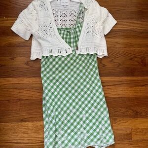Vintage green gingham sundress with crochet shawl